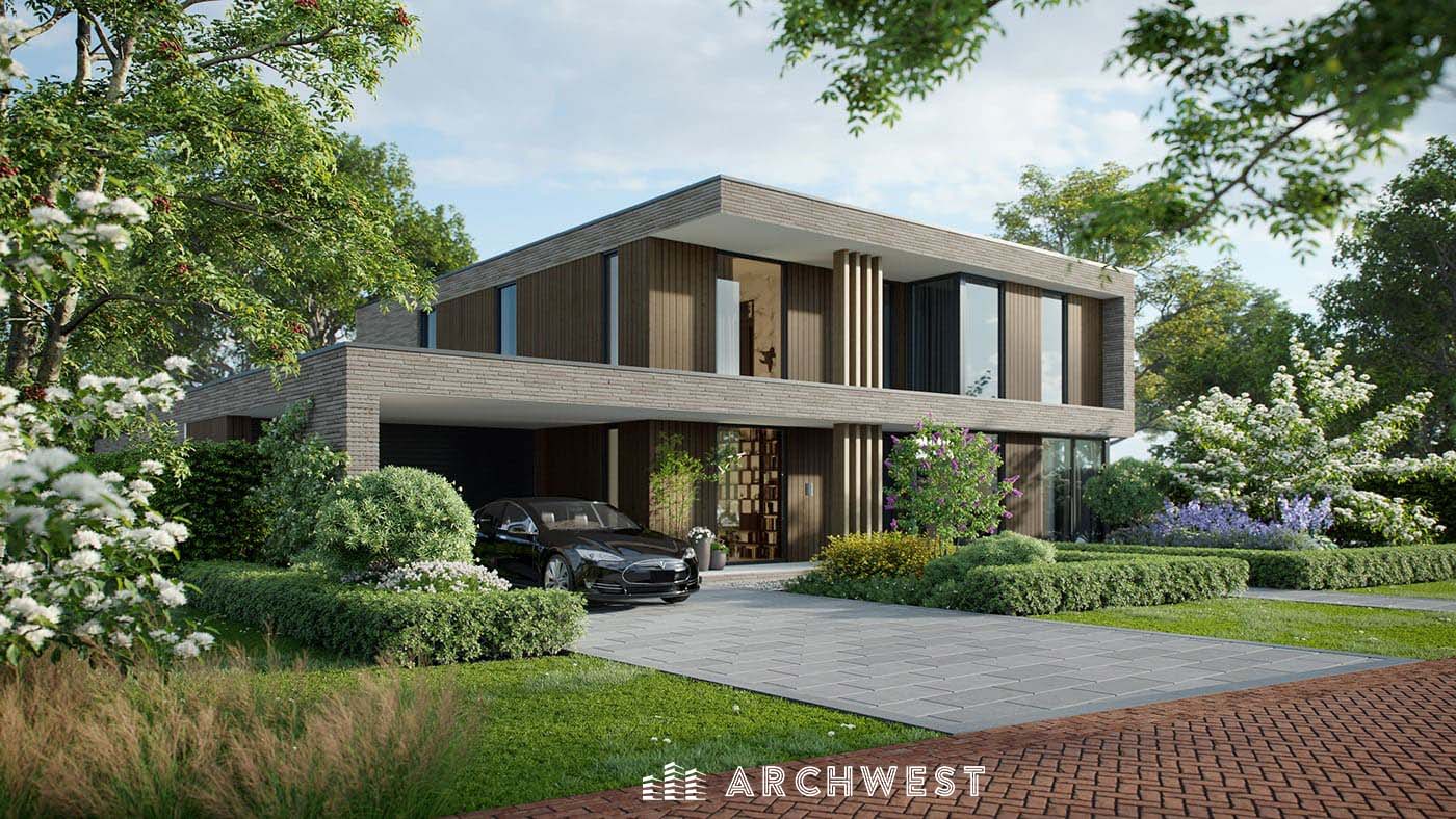 15. 3D Render of Sleek two-story house with lush landscaping, Palo Alto, California